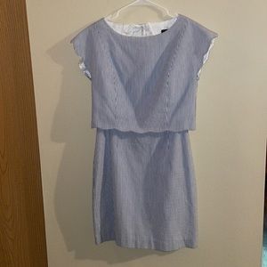 Lauren James seersucker dress blue and white striped with opening in back